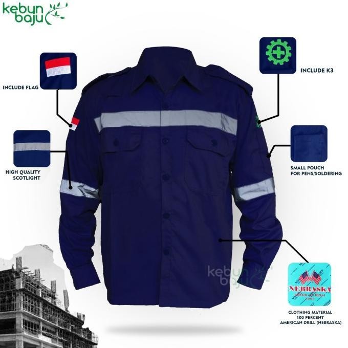 ((Order Yukk)) Kemeja Safety Lengan Panjang Us.Drill Wearpack Kemeja Proyek Biru Navy