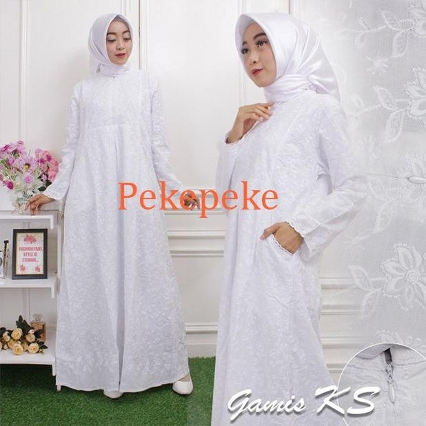 Zahra- Baju Gamis Wanita Kantong Samping Putih Dan Hitam Bahan Katun Bordir Premium, Gamis