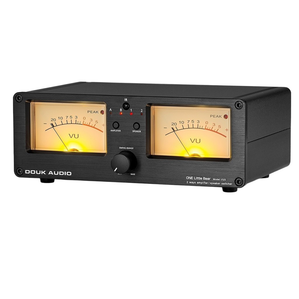 Top: Audio Dual Analog VU Meter Sound Level DB Panel Display 2-way Amplifier / Speaker Switcher Box 