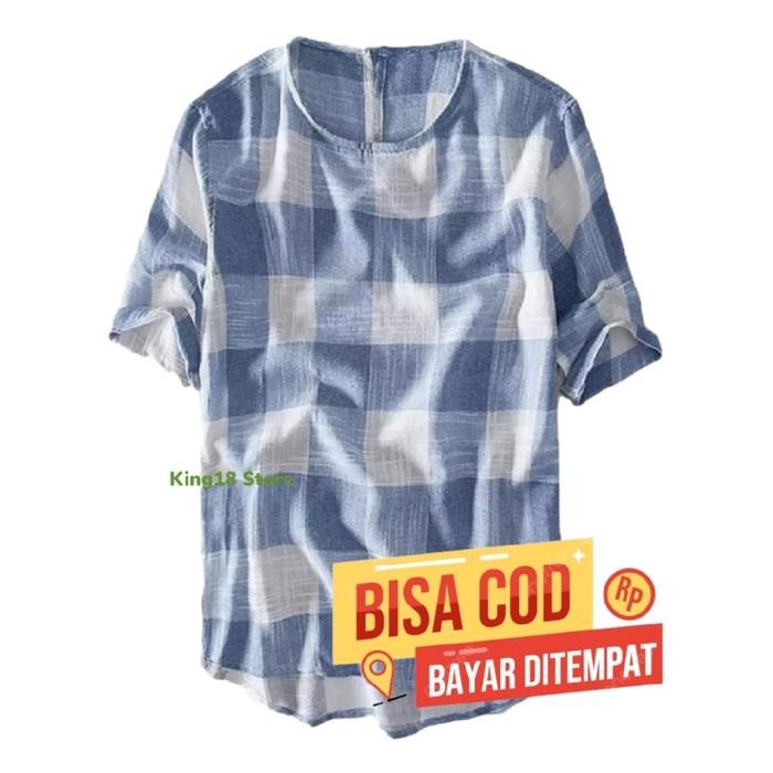 Elhaz- Baju Muslim Koko Tanpa Kerah Lengan Pendek Pria Dewasa Motif Kotak-Kotak Oversize