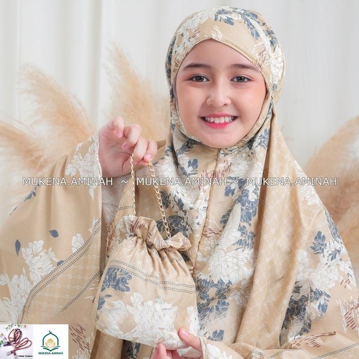 Hayat- Mukena.Aminah Mukena Anak Tanggung Azura Hasya 2In1 Resleting Travel Katun Motif