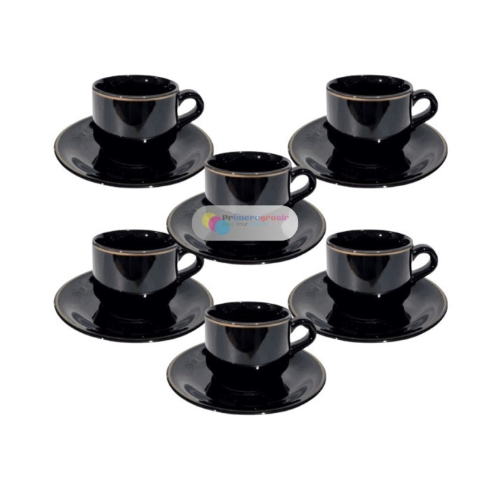 Cangkir Kopi 1 Set Keramik Black List Emas / Gelas Set Cangkir dan Tat