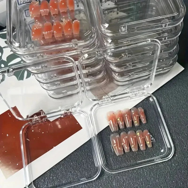 

10/20/30Pcs Transparent Acrylic Press-On Nail Storage Box With Adhesive Sheets Dust-Proof Nail