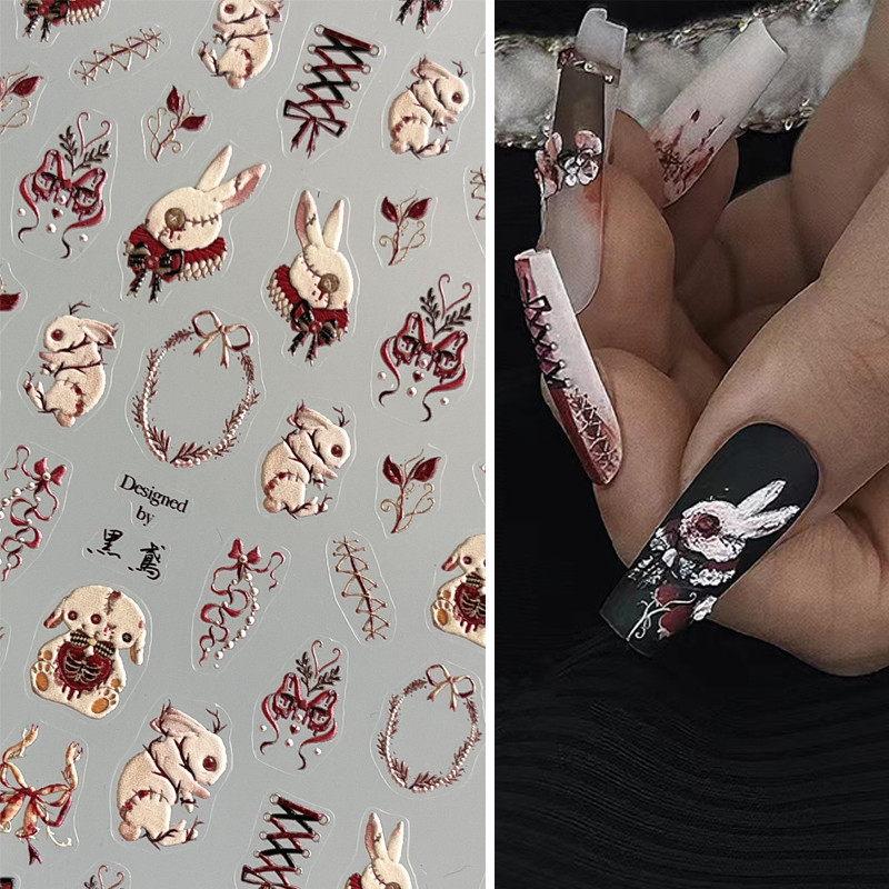 

Thorns Rose Bloody Bunny 5D Embossed Reliefs Self Adhesive Nail Art Stickers Dark Style 3D Nail