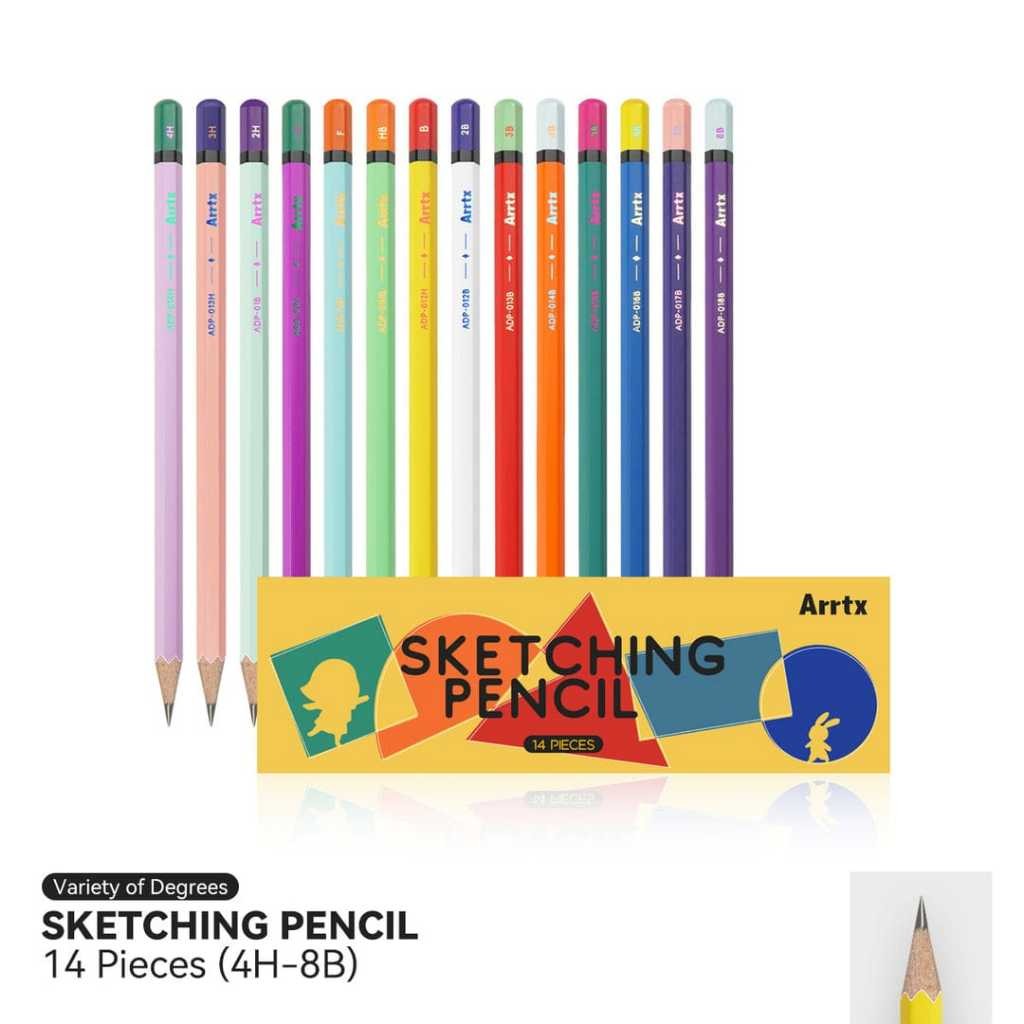 

ARRTX Drawing Pencils/Pensil Gambar, 14 Pcs (4H - 8B) Artist Sketching Pencils for Drawing