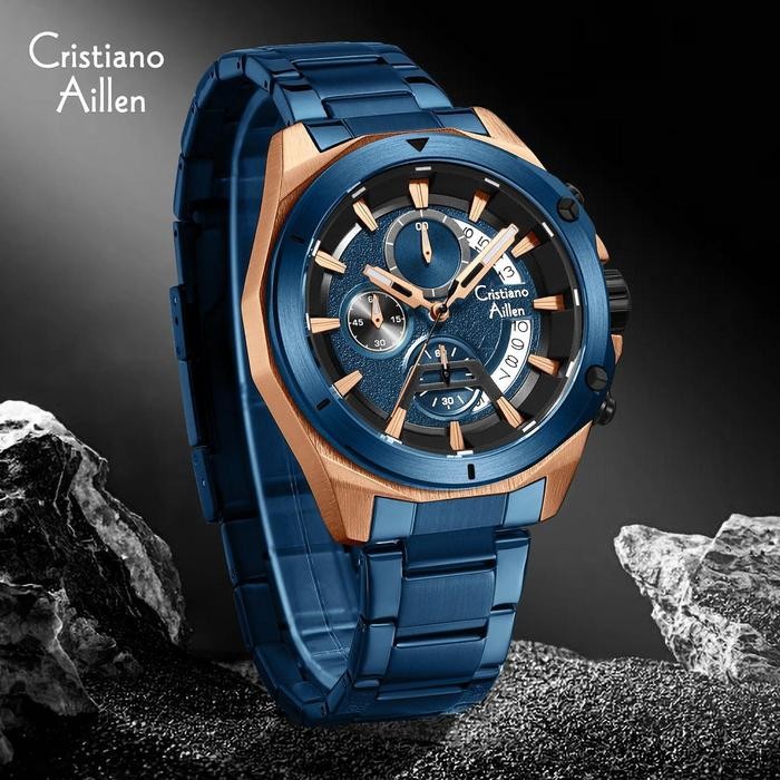 DISKON Cristiano Aillen Jam Tangan Pria Analog 8896 Rantai Stainless Steel Chronograph Kaca Sapphire