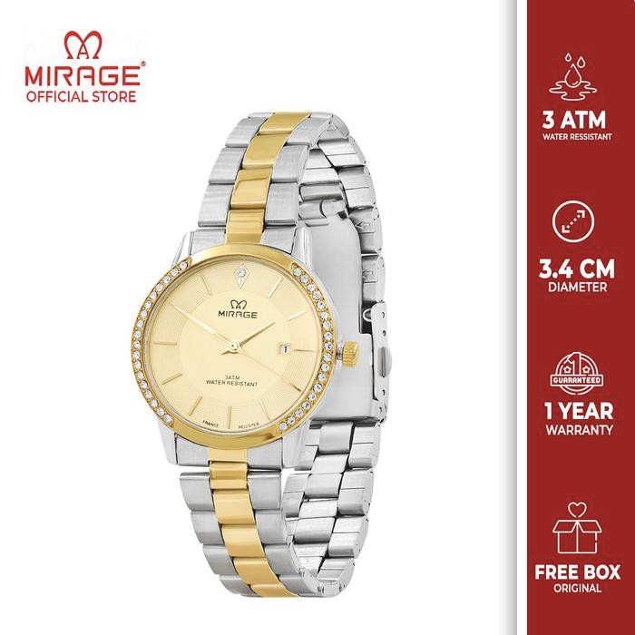 Mirage Watch - Jam Tangan Mirage Wanita Analog Permata Mewah Kasual Anti Karat Silver Gold 8805 L