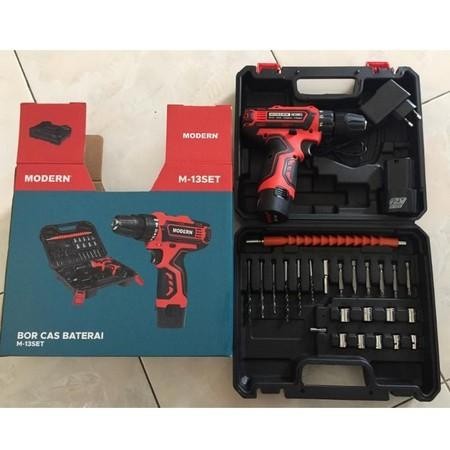Mesin Bor Cordless Set 10 mm Modern M 13 / Bor baterai cas M-13 set