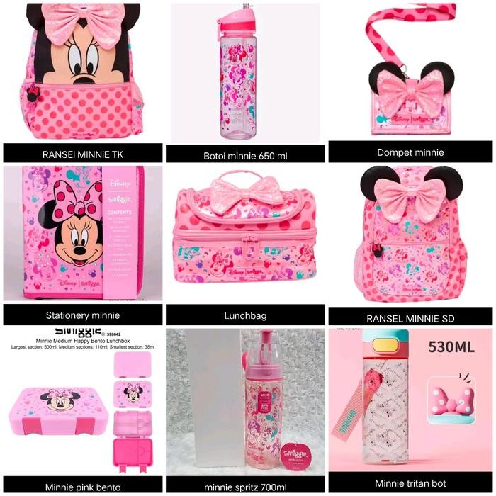 Smiggle Minnie Pink Backpack, Botol, Bag Tag, Lunch Bag, Stationery