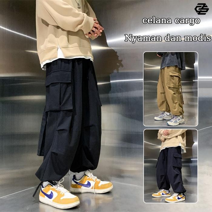 Bolden- Celana Cargo Pria Unisex Hitam Celana Pria Keren Celana Longgar Pria Korean Style