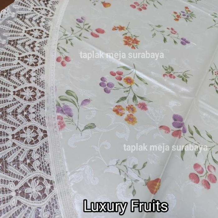 TAPLAK MEJA MAKAN OVAL 6 KURSI PLASTIK ANTI AIR WATERPROOF MOTIF BUNGA BUAH CANTIK LUCU