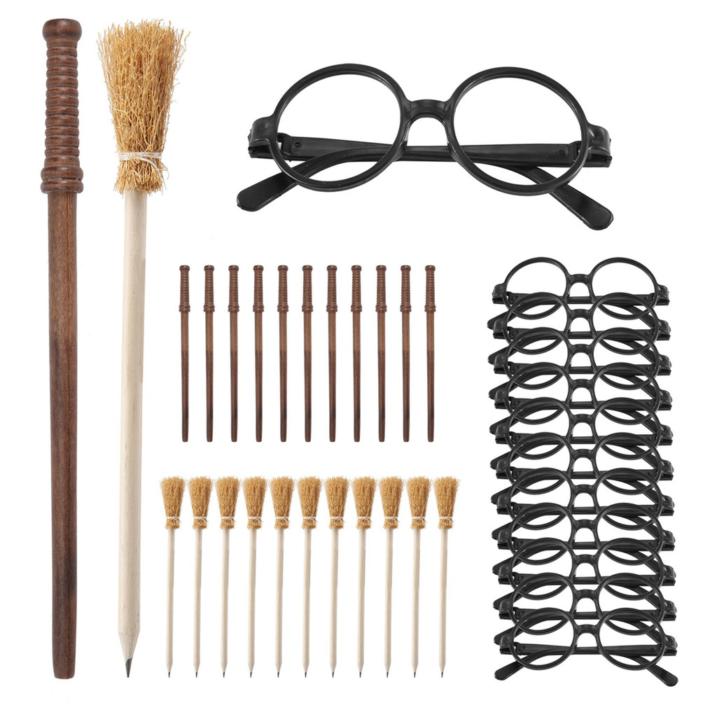 

36 Pcs Witch Broom Pencil And Wands Pencils And Glasses With Round Frame No Lenses,Wizard Wands
