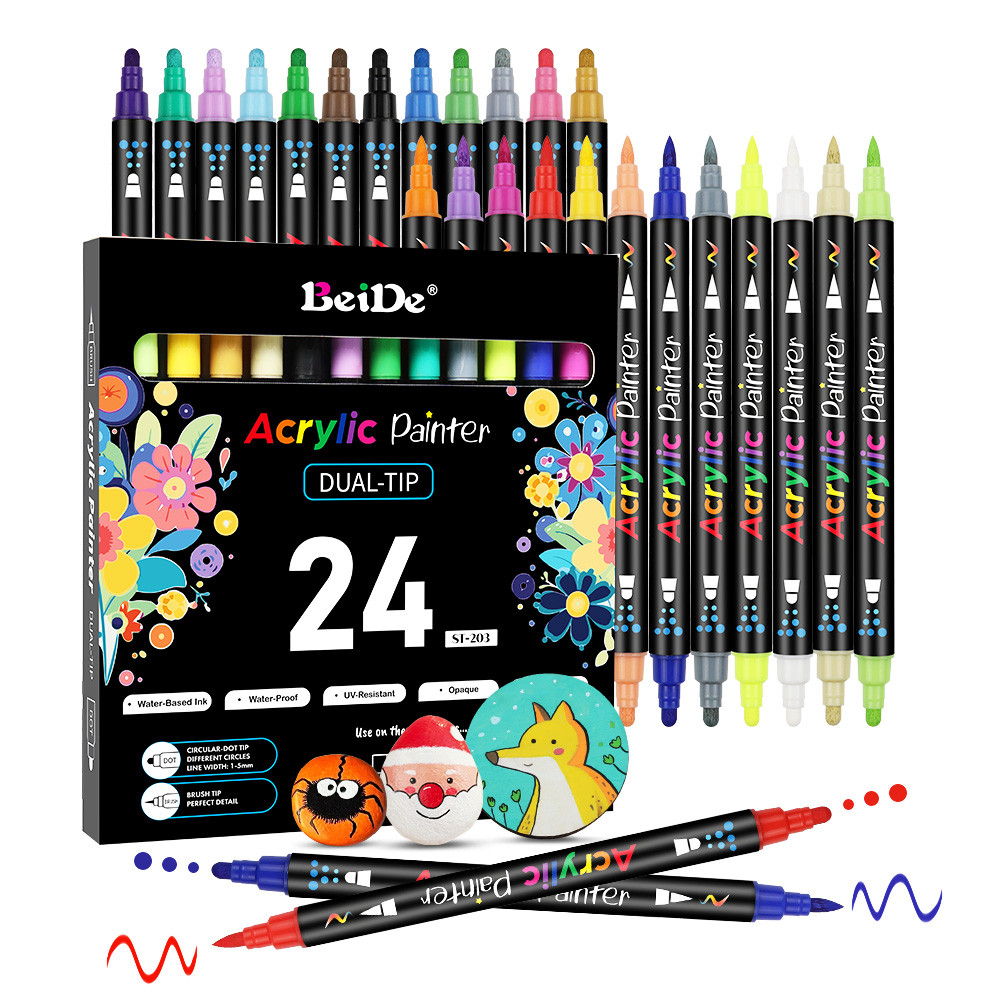 

24 Colors Double Headed Acrylic Paint Marker Waterproof Permanent Art Supplies For Rock Glass Fabric
