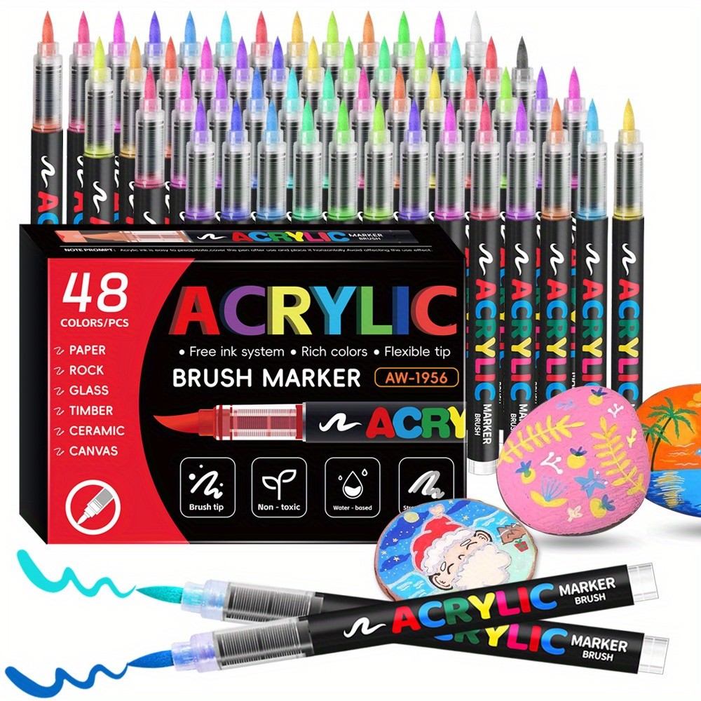 

12/24/36/48 Color Acrylic Paint Pen Markers Brush Tip Paint Marker For Rock Painting Wood Canvas
