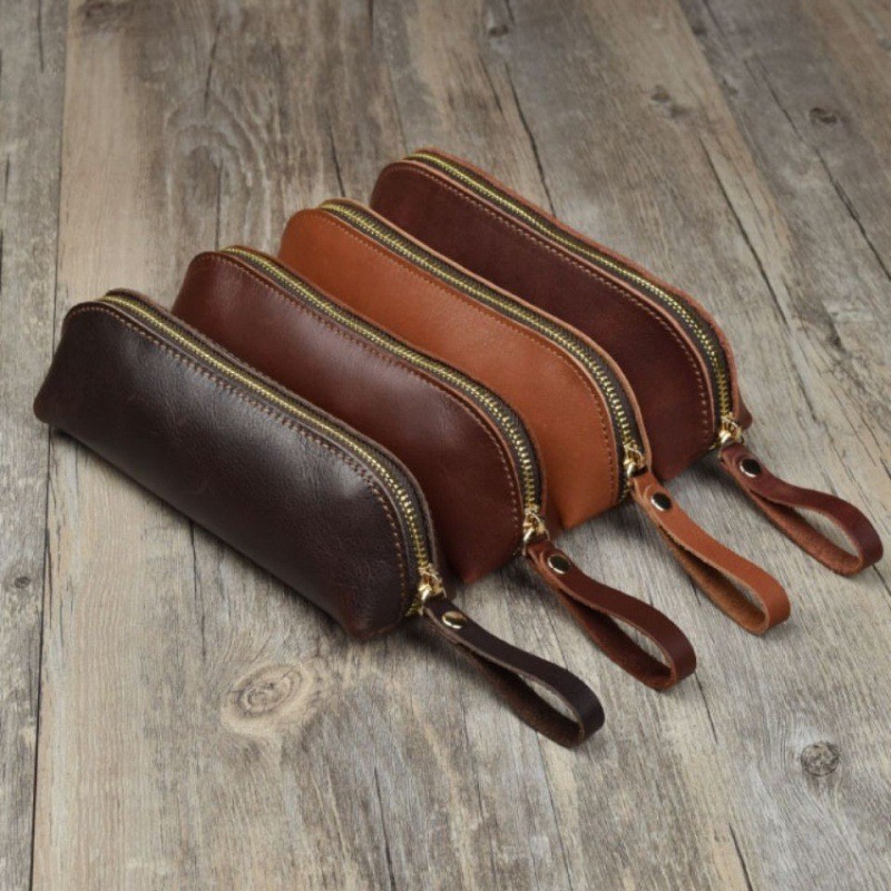 

Vintage Leather Pencil Case Retro Zipper Storage Bag Crazy Horse Pencil Pouch Pen Holder School