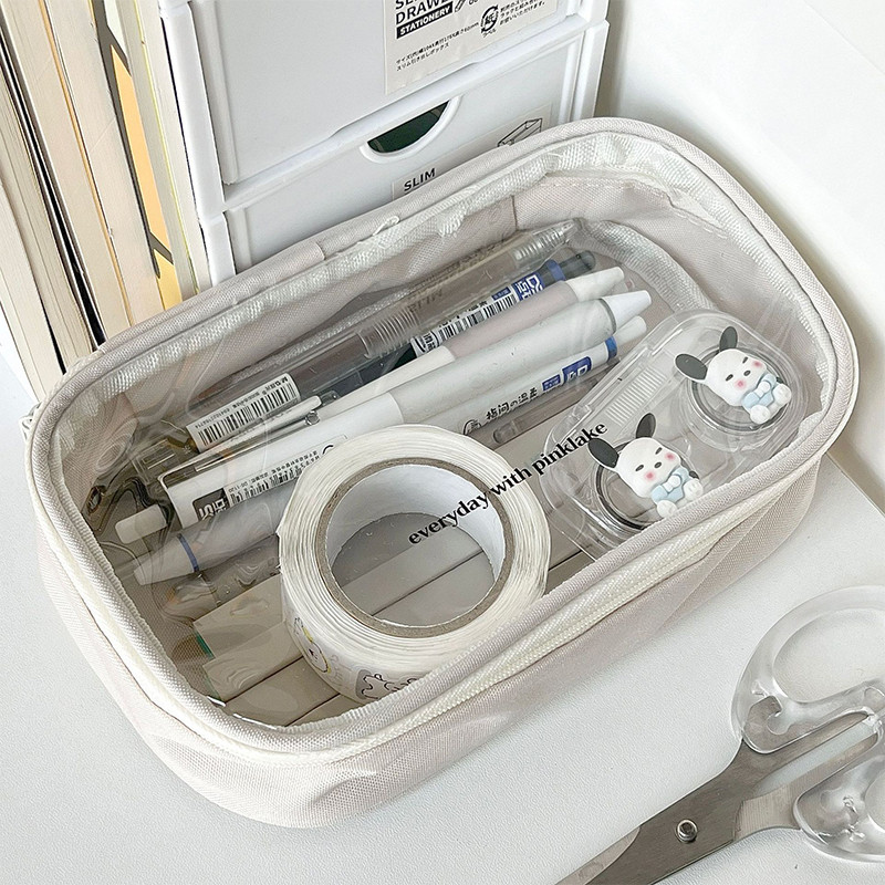 

Student Pencil Pouch Simplicity Beige Color Series Pencil Case Transparent High Capacity Stationery