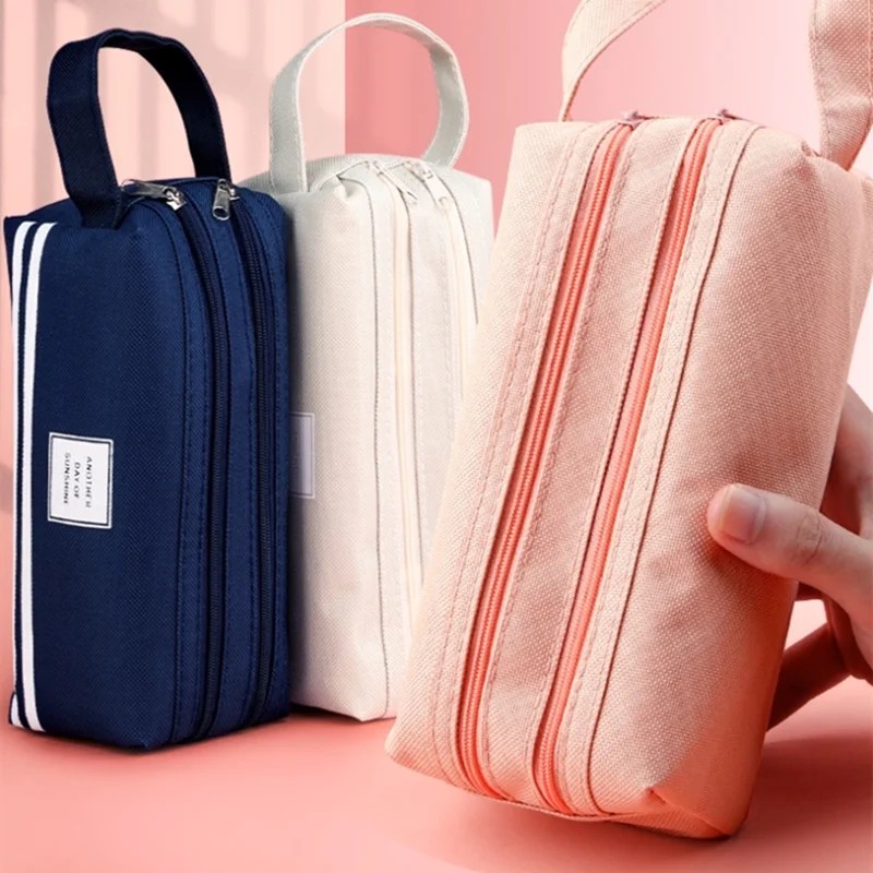 

Simple Pencil Cases Bag Canvas Pen Box Pouch Double Layer Large Capacity For Girls Back To School