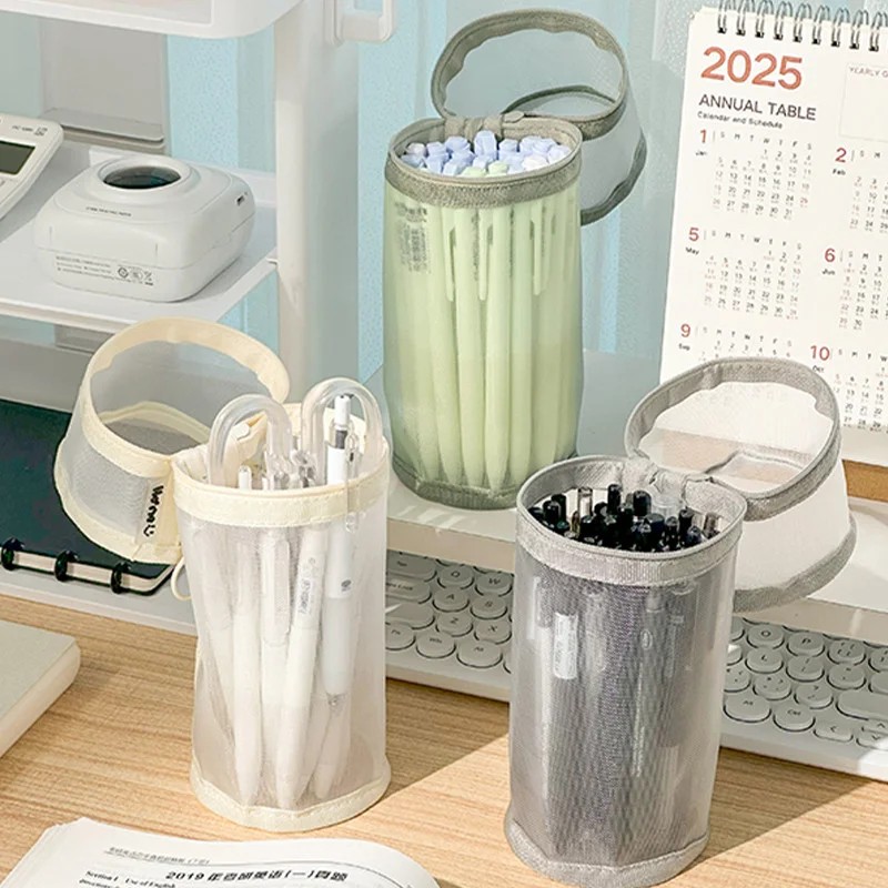 

Standable Minimalist Transparent Mesh Pencil Case Large Capacity Flip-Top Solid Color Pen Holder