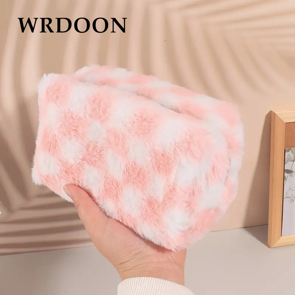 

1Pc Adorable Plaid Pencil Bag Soft Plush Pink And White Grid Storage For Stationery Office Supplies