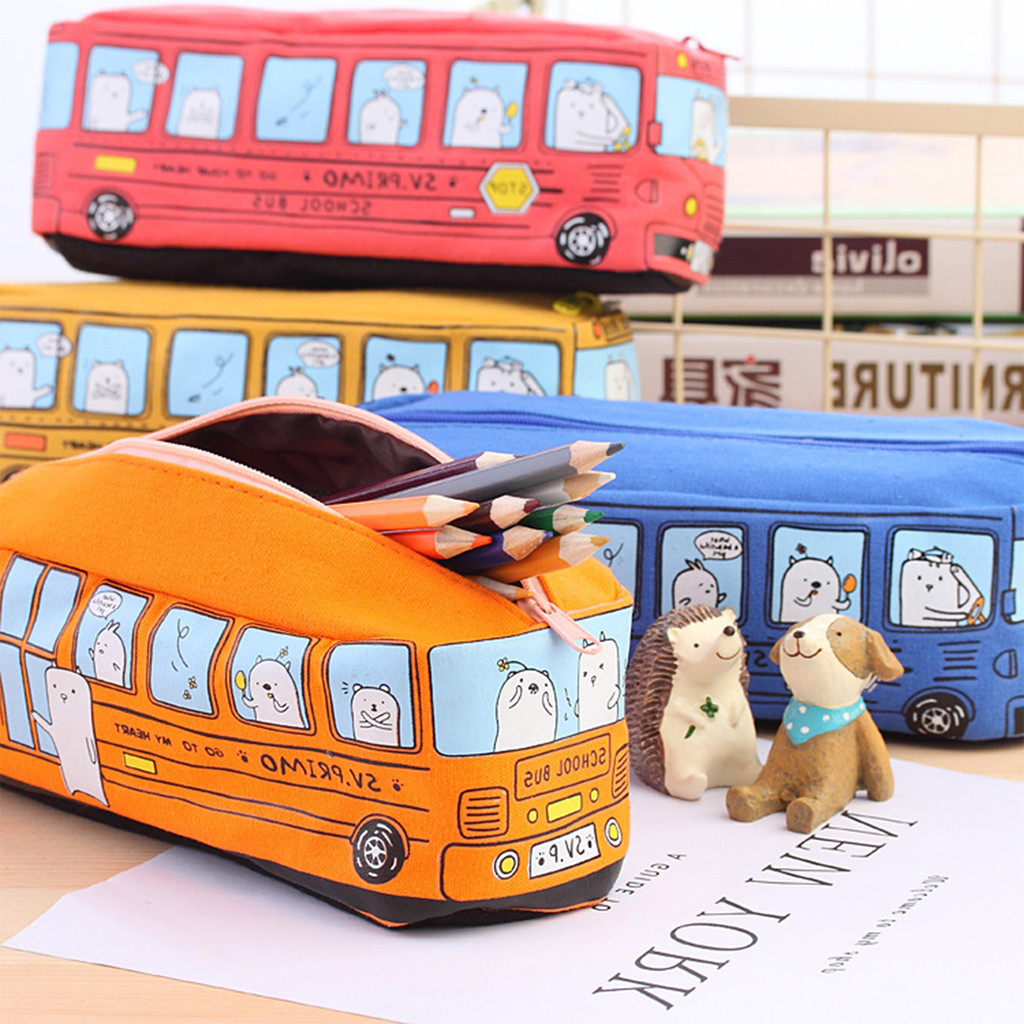 

Cartoon Bus Car Pencil Case Large Capacity Canvas Pen Pencil Zipper Bag Student Office Stationery