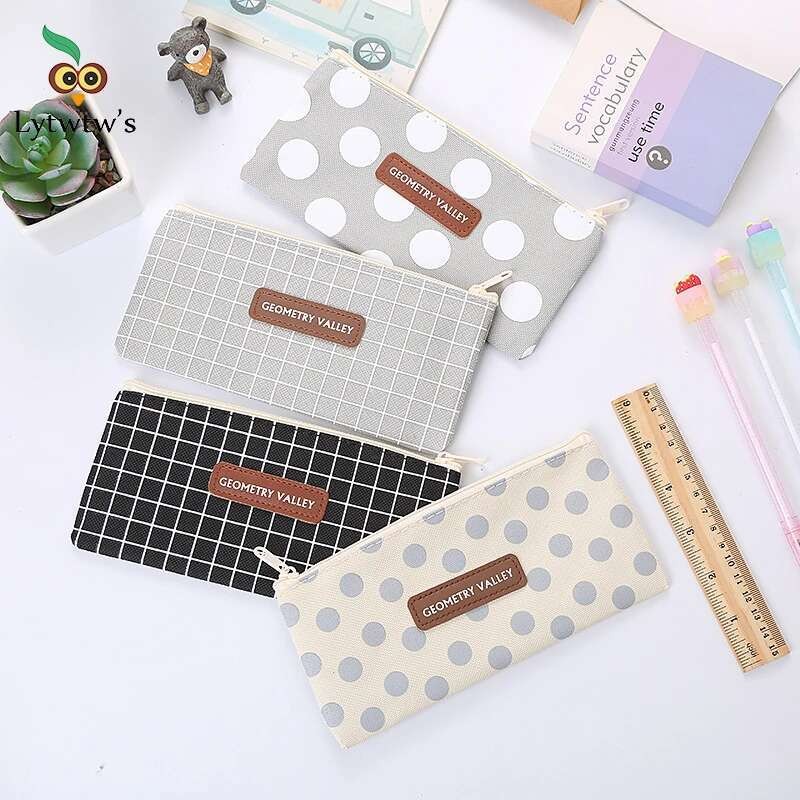 

1 Pieces Lytwtw'S New Dot Grid Pen Pencil Bag Canvas School Stationary Receive Black Tools Makeup