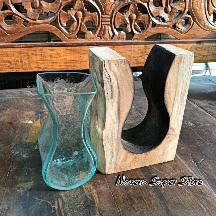 JTTOP" VAS BUNGA AQUARIUM KACA TIUP 25CM TATAKAN ALAS KAYU NATURAL MURAH