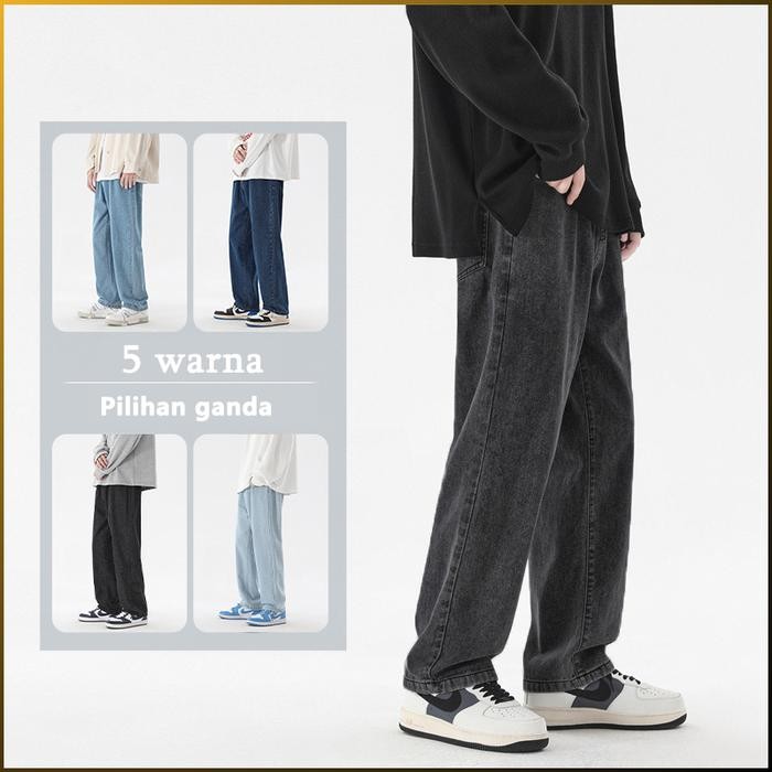 Wearon- Celana Jeans Pria Kulot Hitam Korean Style Celana Lebar Pria Oversize Straight Jeans