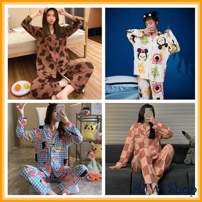 Aluna- Ajw Piyama Full Kancing Lengan Panjang Piyama Kancing Kotak Kotak Baju Tidur Wanita