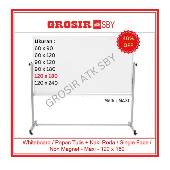 

Whiteboard / Papan Tulis + Kaki Roda / Single Face / Non Magnet - Maxi - 120 x 180