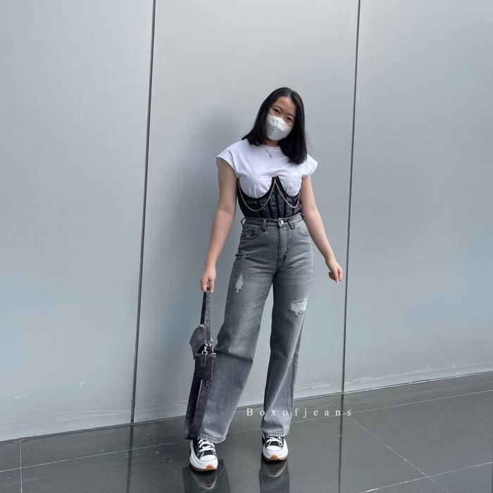 Blumjean- Boxofjeans - Milly Ripped Hw Loose Jeans - Grey // Celana Panjang Wanita High Waist