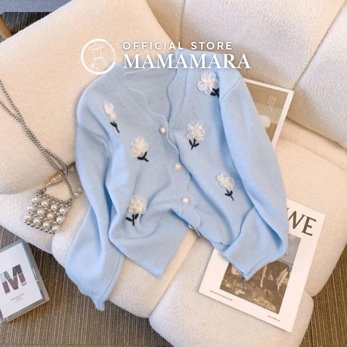 Coatelle- Mamamara - Cardigan Wol Rajut Tulip Putih 3D Santai V-Neck Polos Bunga Panjang