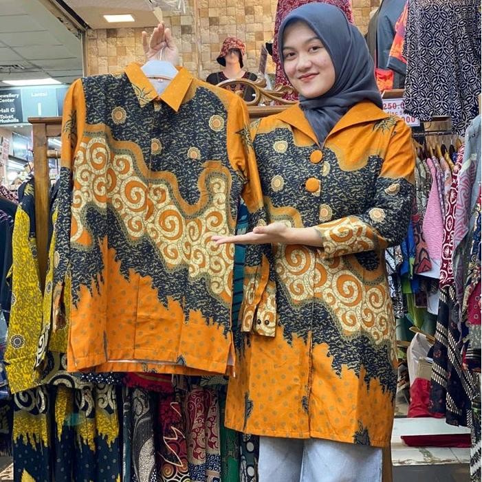 Trenatik- Baju Batik Wanita Tunik Pasangan Bahan Katun Motiv Cincin Orange Motif Atasan