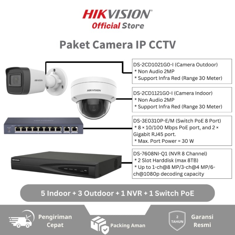 HIKVISION - Paket Camera IP 2MP Non Audio (5 Indoor + 3 Outdoor + 1 NVR + 1 Switch PoE) Terlaris