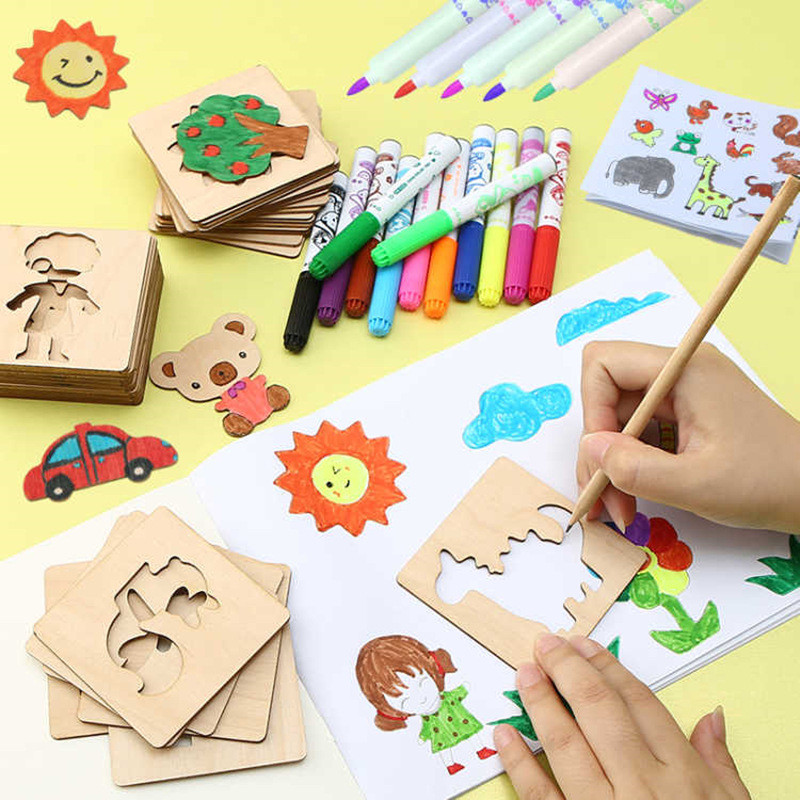 

Kids Drawing Toys Montessori Diy Painting Stencils Template Wooden Craft Puzzle Educational Toys For