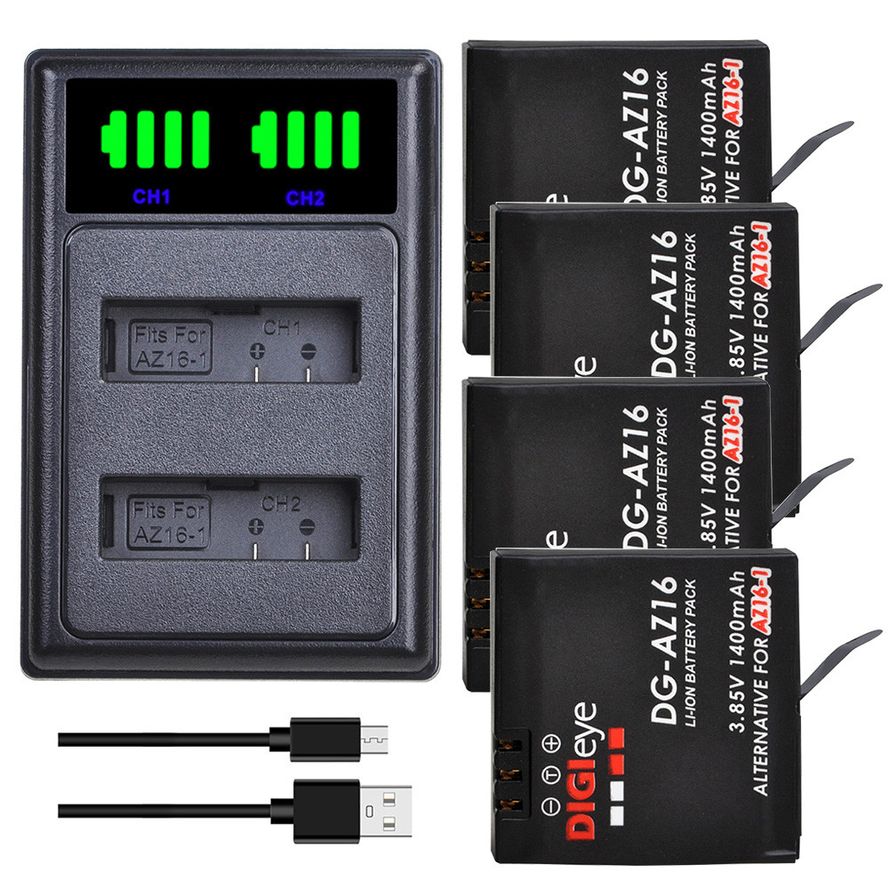 4pcs  AZ16-1 Replacement Battery + LED Dual Charger with Type C for  Yi 4K, Yi 4K+, Yi Lite, YI 360 