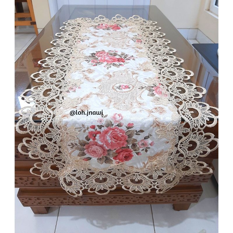 Taplak Meja Tamu Renda Shabby Chic Motif Floral Panjang 40x100 cm Gaya Eropa Klasik Vintage Premium