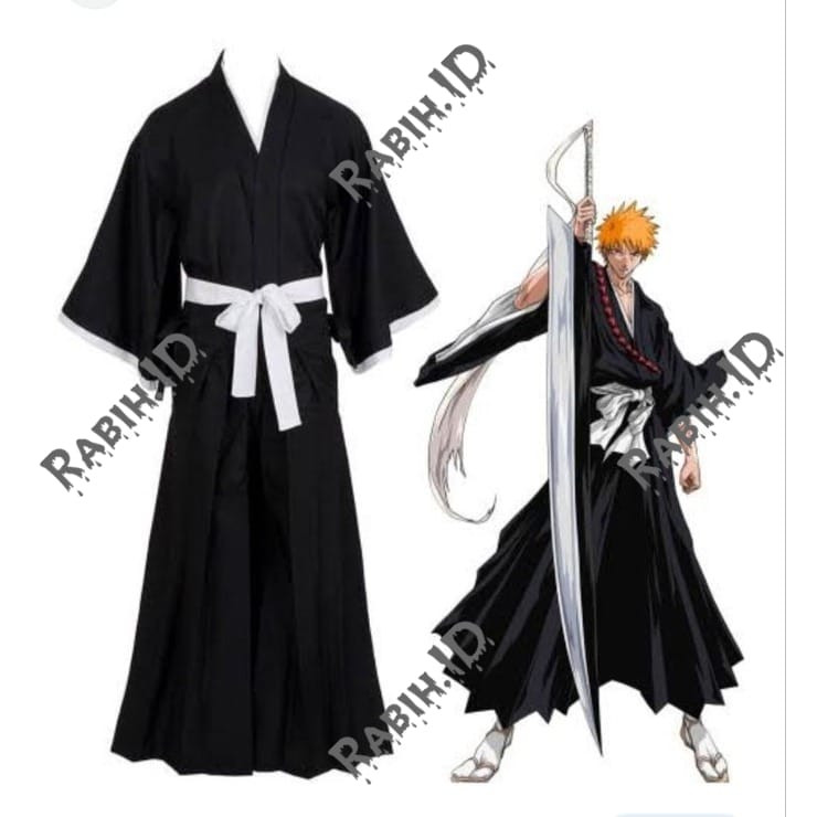 Costume Kimono Hakama Bleach Black Ichigo Kurosaki Costume Anime Jepang Tradisional Unisex Wanita