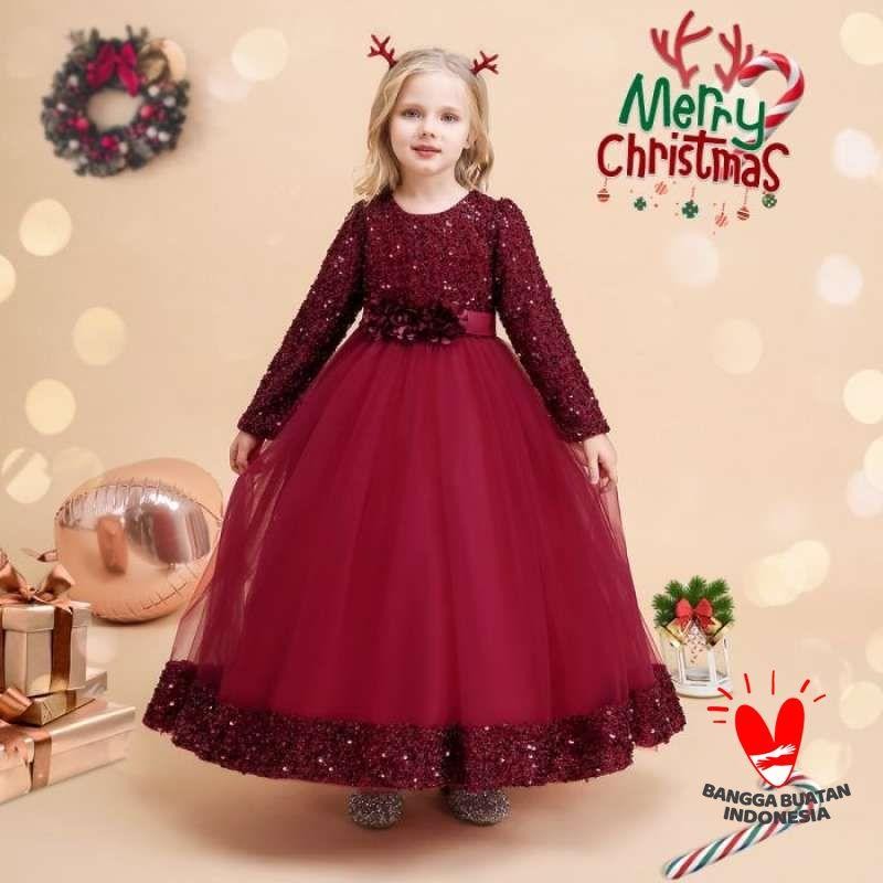 Dress Pesta Anak Perempuan Import . Gaun Tutu Panjang Karakter Natal Warna Merah . W-42 *