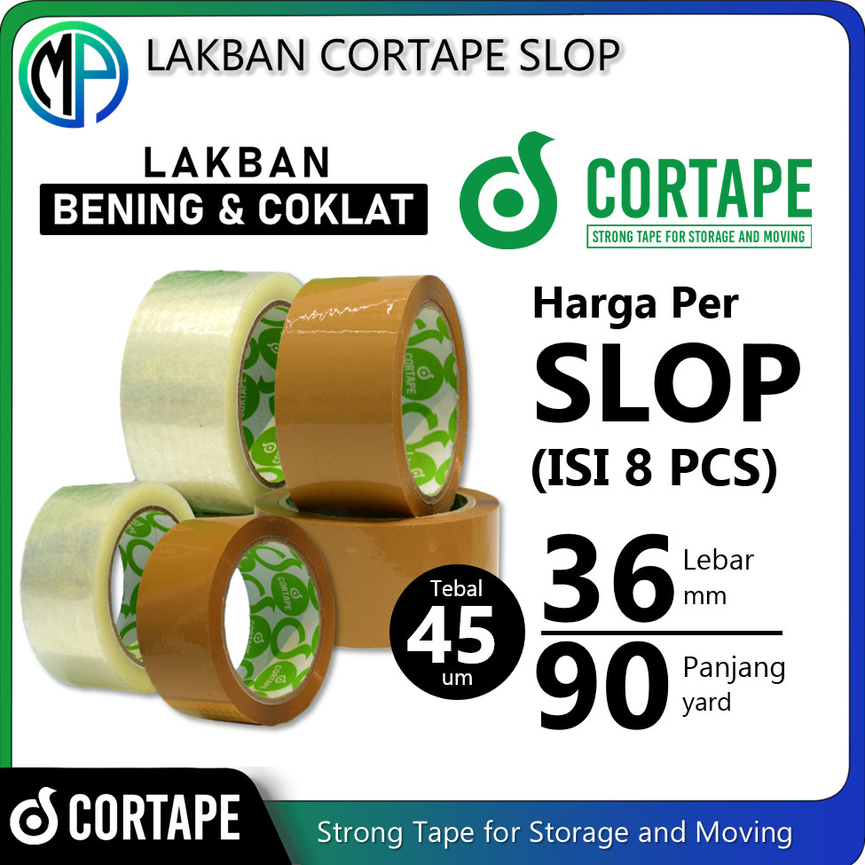 

JH8 Lakban / Selotip / Isolasi Cortape Bening dan Coklat 36mm x 90yard Harga Per-Slop 8pcs Spek.