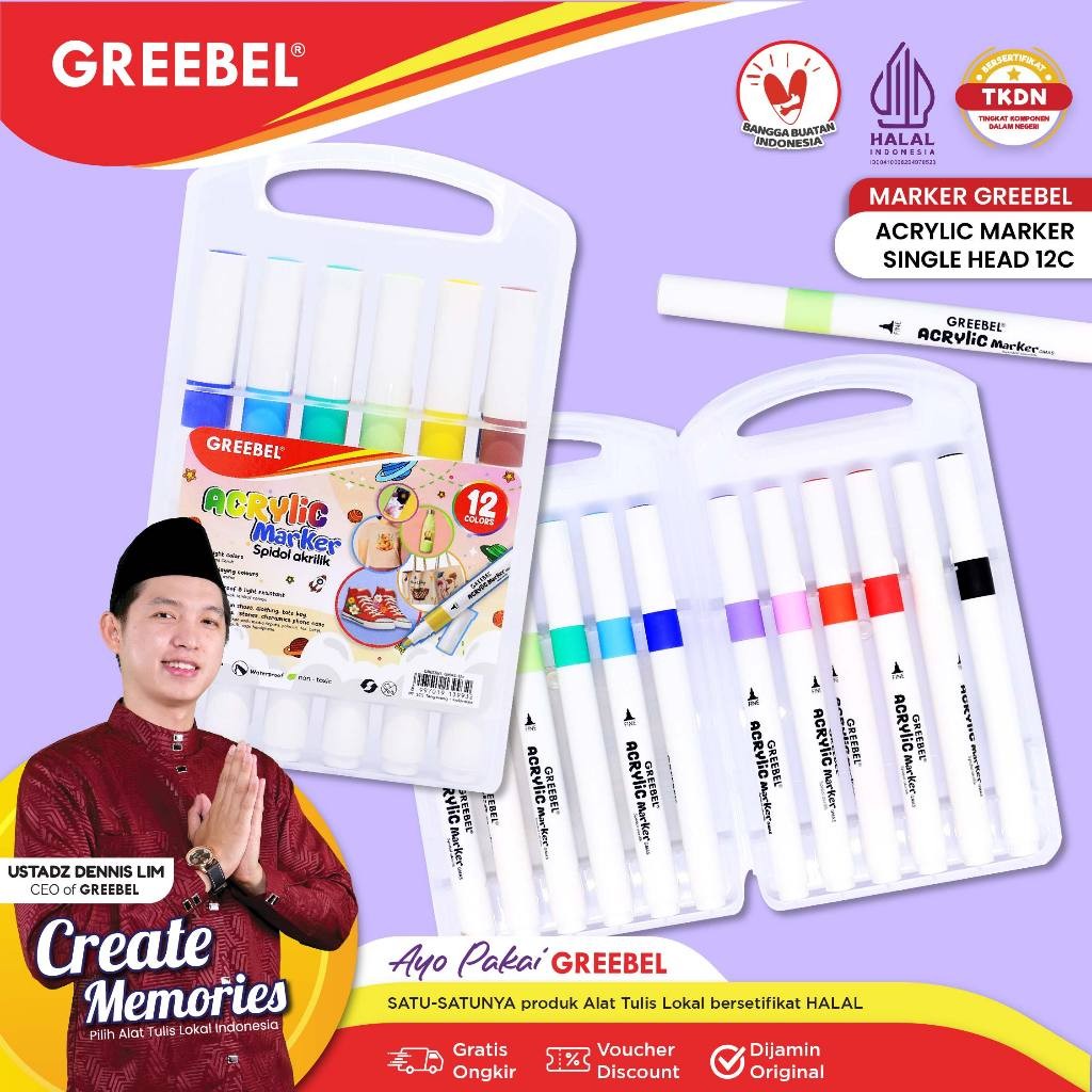 

GREEBEL Acrylic Marker / Acrylic Marker 12 Warna / GREEBEL Acrylic Marker Single Head Gmas 12C / Kerajaan Alat Tulis