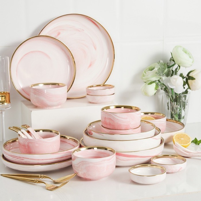 Pink Gold Dining Set 18 Pcs / Set Piring Mangkok Kerak Marble Kerak Pink