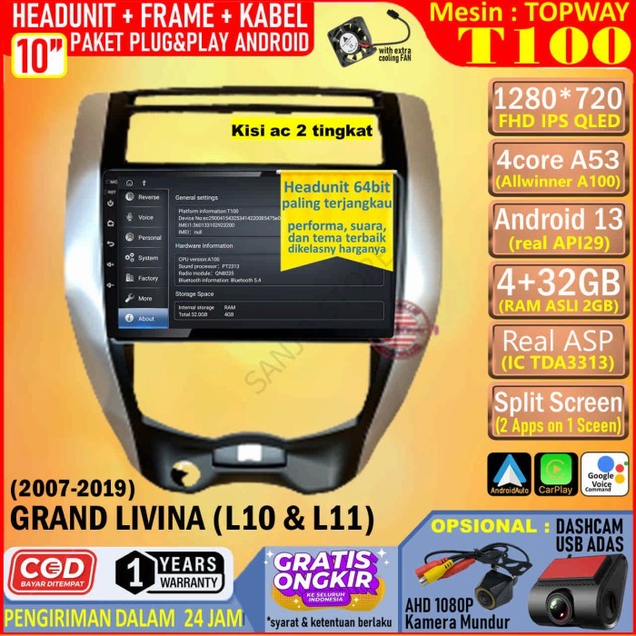 PREMIUM Paket Headunit Android 10 inch + Frame + Soket PNP Nissan Grand Livina Topway T100 RAM