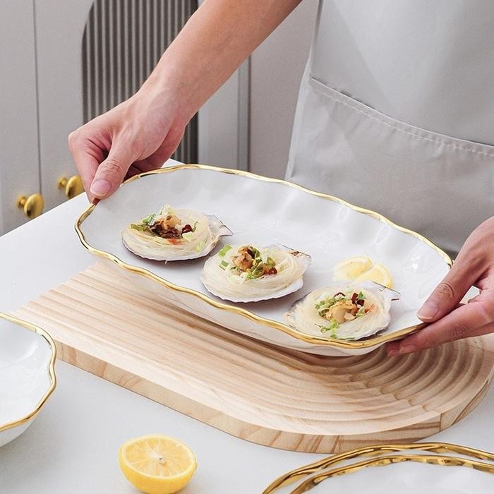 Wavy Plate Putih Gold Plate Set / Paket Piring Mangkok Kerak Gelombang Cantik Sultan