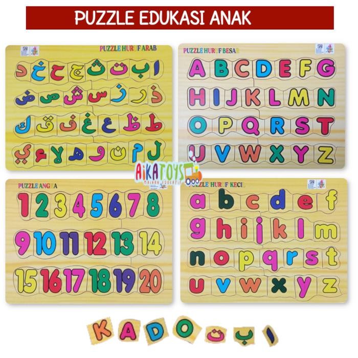 TERLARIS Puzzle Edukasi Anak Huruf Besar Kecil Hijaiyah Angka Mainan Kayu SNI