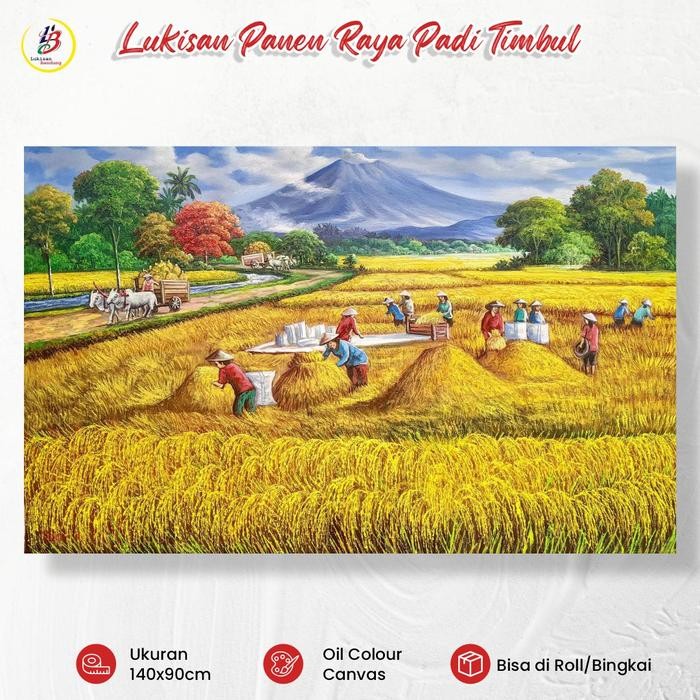 Terlaris Lukisan Panen Padi Timbul 3D 140x90cm Pemandangan Gunung Sawah Alam Desa Dekorasi Lukisan