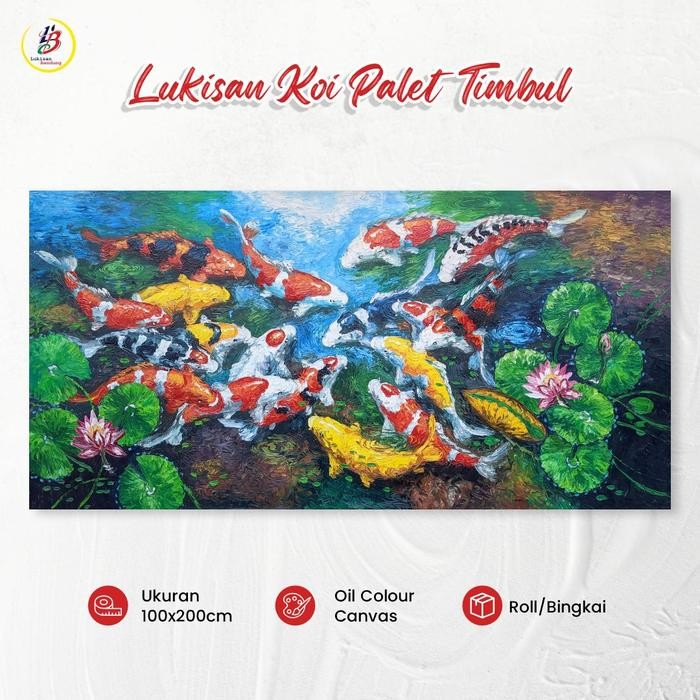 Terlaris Lukisan ikan koi palet timbul berkualitas 200x100