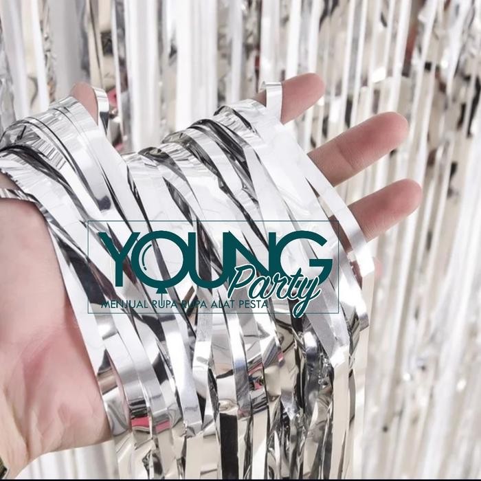 Hapnest- Tirai rumbai ultah/Tirai Foil fringe curtain silver