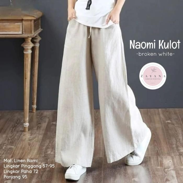 Celana Panjang Wanita Naomi Kulot Broken White Premium Realpict Ori Karet Katun Linen Nyaman Simple