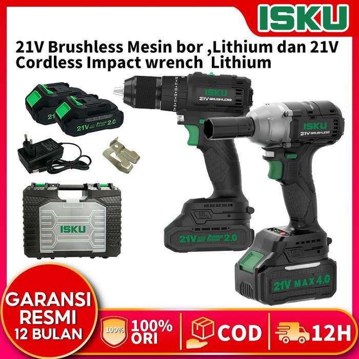 ISKU 21V Brushless Mesin bor Lithium Impact baterai 13MM dan 21V Lithium Cordless Impact wrench