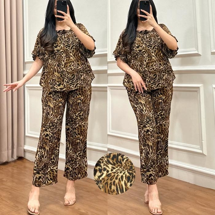 Ready Amariel Julia Oneset Piyama Setelan Atasan Baju Celana Panjang Tidur Nyaman Adem Ruffle
